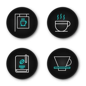 Set line V60 coffee maker, Coffee book, cup and Street signboard icon. Vector Illustrazione stock