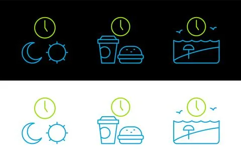 Set line Vacation time, Day and night with and Fast food icon. Vector Illustrazione stock