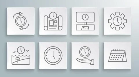 Set line Vacation time, Project plan, Clock, Calendar, Smart Tv, Time Management Stock Illustration