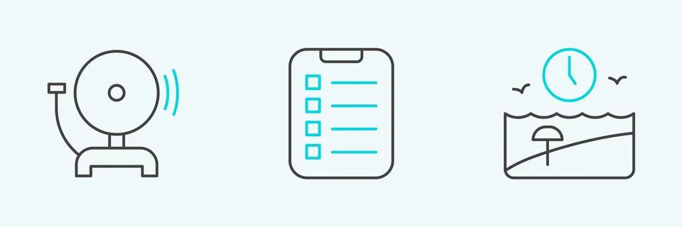 Set line Vacation time, Ringing alarm bell and To do list or planning icon... Stock Illustration