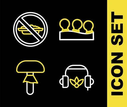 Set line Vacuum cans, Headphones for meditation, Mushroom and Food no diet .. Ilustração Stock