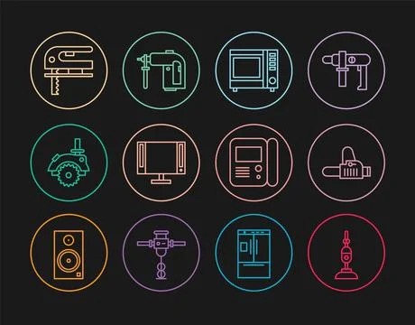 Set line Vacuum cleaner, Chainsaw, Microwave oven, Smart Tv, Electric circular Stock Illustration