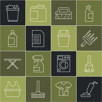 Set line Vacuum cleaner, Feather broom, Rubber for windows, Brush cleaning Stock Illustration
