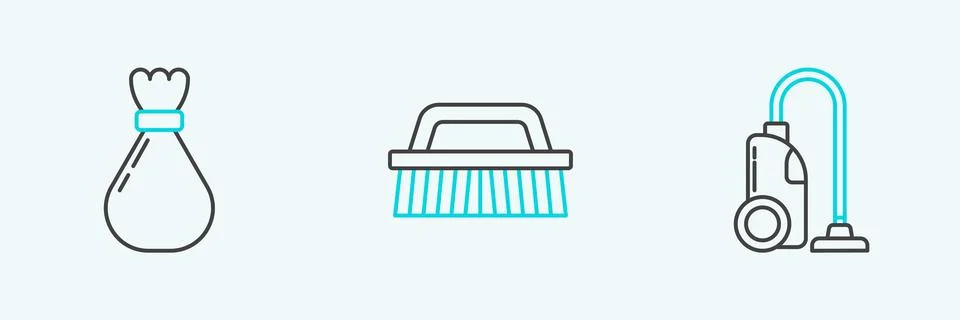 Set line Vacuum cleaner, Garbage bag and Brush for cleaning icon. Vector Stock Illustration
