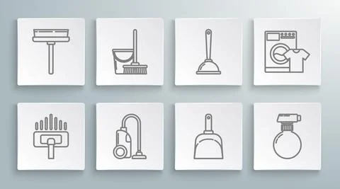 Set line Vacuum cleaner, Mop and bucket, Dustpan, Toilet plunger, Washer t-shirt Stock-Illustration