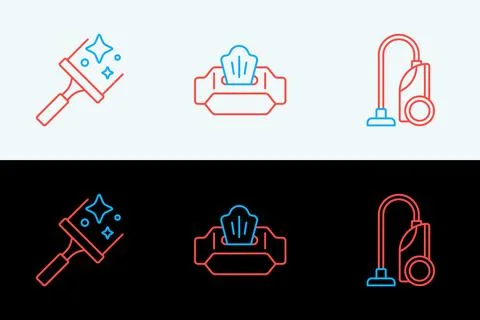 Set line Vacuum cleaner, Rubber for windows and Wet wipe pack icon. Vector 스톡 일러스트