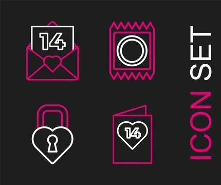 Set line Valentines day flyer with heart, Castle the shape of, Condom packa.. Stock Illustration