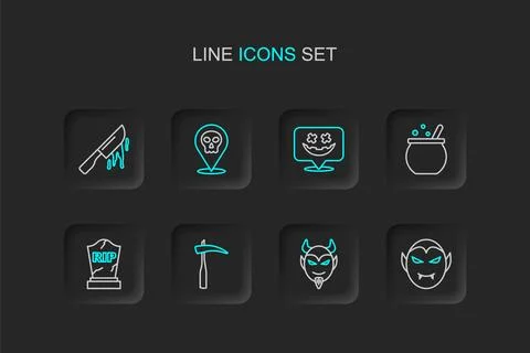 Set line Vampire, Devil head, Scythe, Tombstone with RIP written, Halloween.. 스톡 일러스트