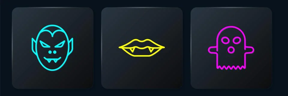 Set line Vampire, Ghost and teeth. Black square button. Vector イラスト素材