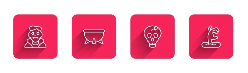 Set line Vampire, Halloween witch cauldron, Skull and Zombie hand with long Stock Illustration