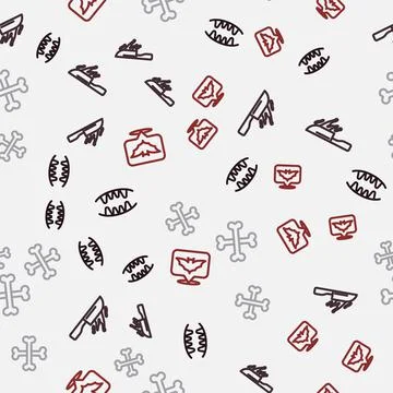 Set line Vampire teeth, Bloody knife, Crossed bones and Flying bat on seamless Stock Illustration