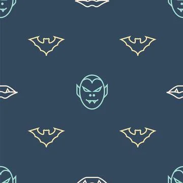Set line Vampire teeth, Flying bat and on seamless pattern. Vector Stock Illustration