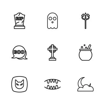 Set line Vampire teeth, Halloween witch cauldron, Moon and stars, Tombstone.. 스톡 일러스트