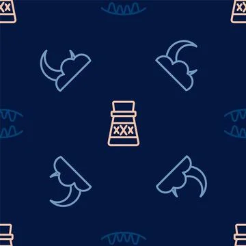 Set line Vampire teeth, Moon and stars and Bottle with potion on seamless Stock Illustration