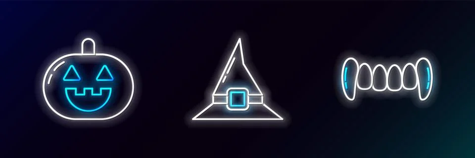 Set line Vampire teeth, Pumpkin and Witch hat icon. Glowing neon. Vector Stock-Illustration