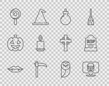 Set line Vampire teeth, Skull, Bomb ready to explode, Scythe, Lollipop, Burning Illustrazione stock