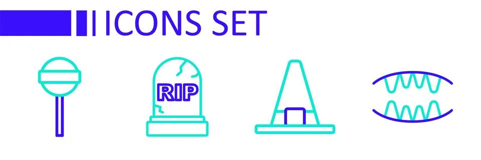 Set line Vampire teeth, Witch hat, Tombstone with RIP written and Lollipop .. Stock-Illustration