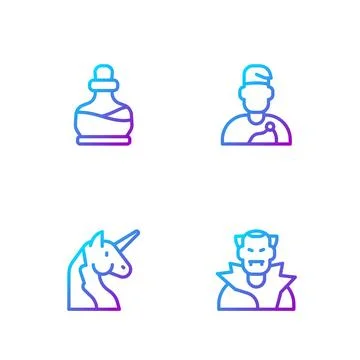 Set line Vampire, Unicorn, Bottle with potion and Wizard warlock. Gradient co Stock Illustration