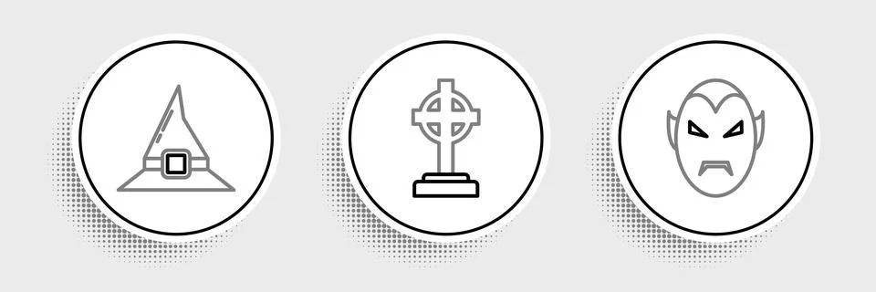 Set line Vampire, Witch hat and Tombstone with cross icon. Vector Stock Illustration