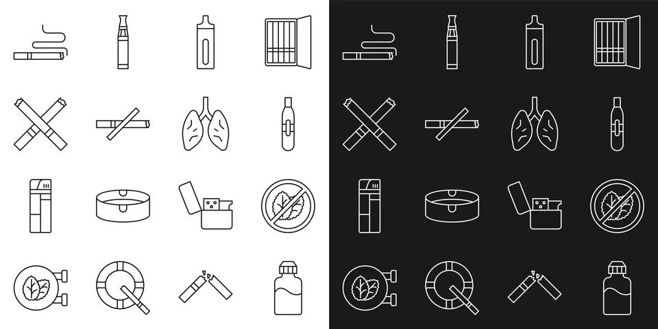 Set line Vape liquid bottle, No tobacco leaf, Electronic cigarette, smoking.. Stock Illustration