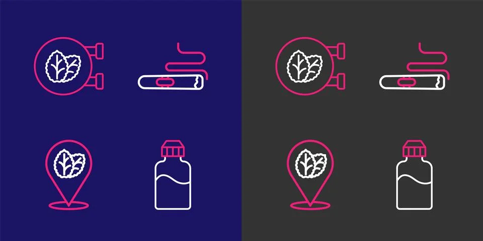 Set line Vape liquid bottle, Tobacco leaf, Cigar and shop icon. Vector Stock Illustration