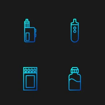 Set line Vape liquid bottle, Matchbox and matches, mod device and Electroni.. Stock Illustration