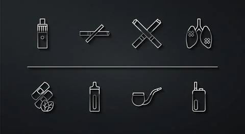 Set line Vape mod device, Medical nicotine patches, Disease lungs, No pipe Stock Illustration