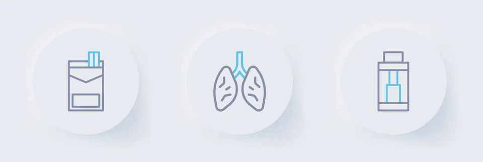 Set line Vape mod device, Lungs and Cigarettes pack box icon. Vector Stock Illustration