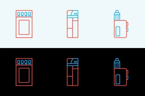 Set line Vape mod device, Matchbox and matches and Lighter icon. Vector Stock Illustration