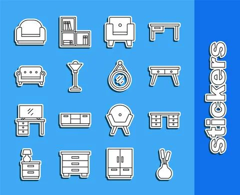 Set line Vase, Office desk, Armchair, Floor lamp, Sofa, and Mirror icon. Vector Stock Illustration