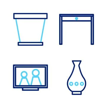 Set line Vase, Picture frame on table, Wooden and Flower pot icon. Vector Stock Illustration