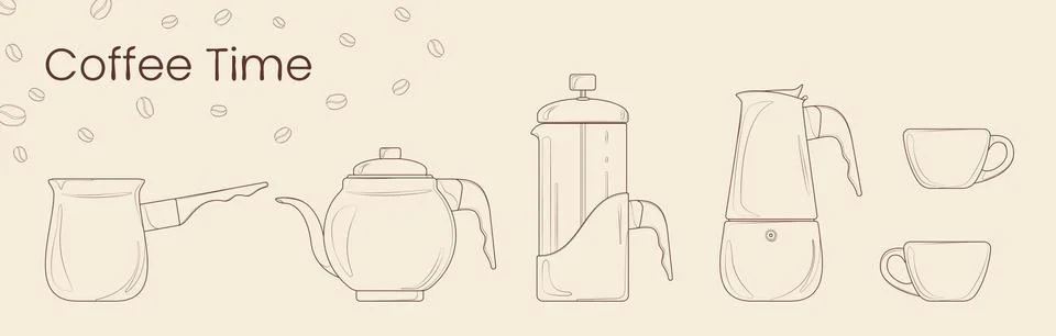 Set of line vector of coffee preparation. Cezve, coffee kettle, french press, Stock Illustration