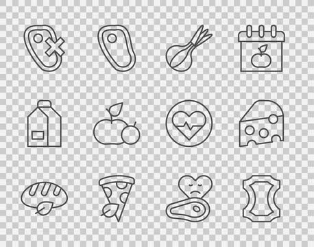 Set line Vegan bread loaf, Leather, Onion, pizza slice, No meat, Apple, Steak Stock Illustration