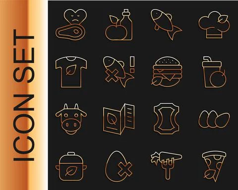 Set line Vegan pizza slice, Chicken egg, Fresh smoothie, Fish, No fish, shirt Stock Illustration