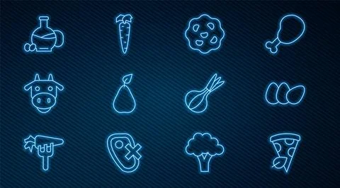 Set line Vegan pizza slice, Chicken egg, Cookie or biscuit, Pear, Cow head,.. Stock Illustration