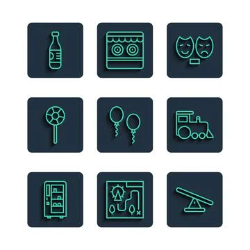 Set line Vending machine, Amusement park map, Seesaw, Comedy and tragedy masks Ilustração Stock