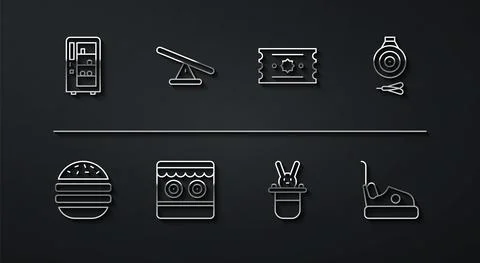 Set line Vending machine, Burger, Classic dart board and arrow, Magician hat Stock Illustration