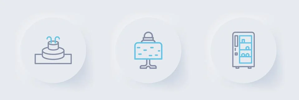 Set line Vending machine, Magic ball on table and Fountain icon. Vector Stock Illustration