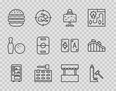 Set line Vending machine, Striker attraction with hammer, Magic ball table,.. Stock Illustration