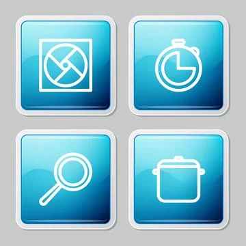 Set line Ventilation, Kitchen timer, Frying pan and Cooking pot icon. Vector Stock Illustration