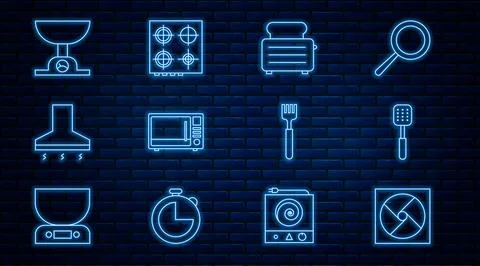 Set line Ventilation, Spatula, Toaster with toasts, Microwave oven, Kitchen.. Stock Illustration