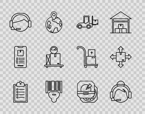 Set line Verification of delivery list clipboard, Support operator in touch Illustrazione stock