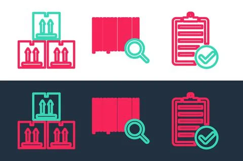 Set line Verification of delivery list, Cardboard box with traffic and Search Illustrazione stock