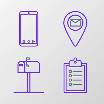 Set line Verification of delivery list clipboard, Open mail box, Placeholder map Illustrazione stock