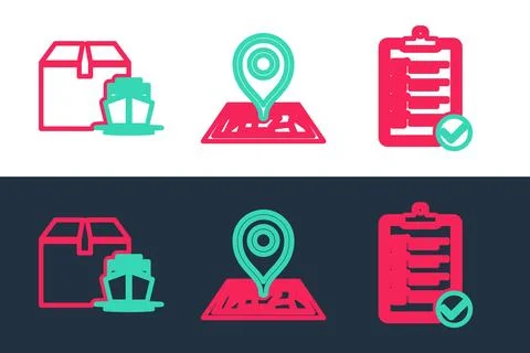 Set line Verification of delivery list Cargo ship with boxes and Placeholder  Illustrazione stock