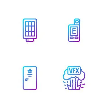 Set line VFX, Backstage, Softbox light and Light meter. Gradient color icons Stock Illustration