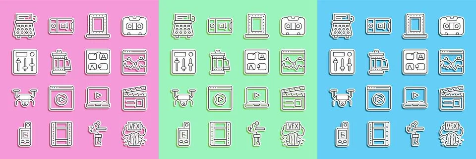 Set line VFX, Movie clapper, Music wave equalizer, Makeup mirror with lights Stock Illustration