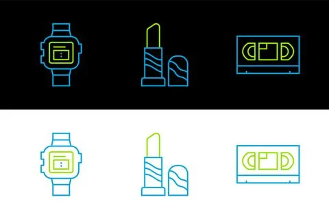 Set line VHS video cassette tape, Wrist watch and Lipstick icon. Vector Ilustración de archivo