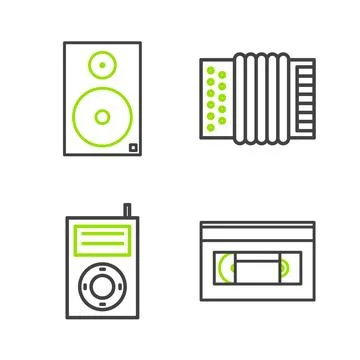 Set line VHS video cassette tape, Music MP3 player, Musical instrument acco.. Stock Illustration