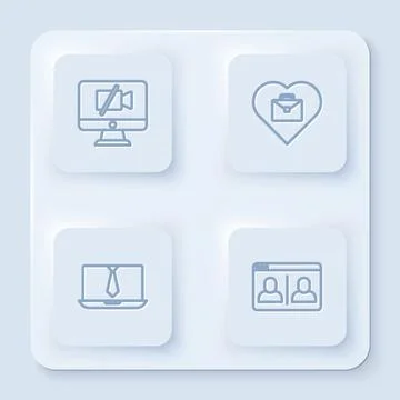 Set line Video camera Off on computer, Heart with text work, chat conference and Illustrazione stock
